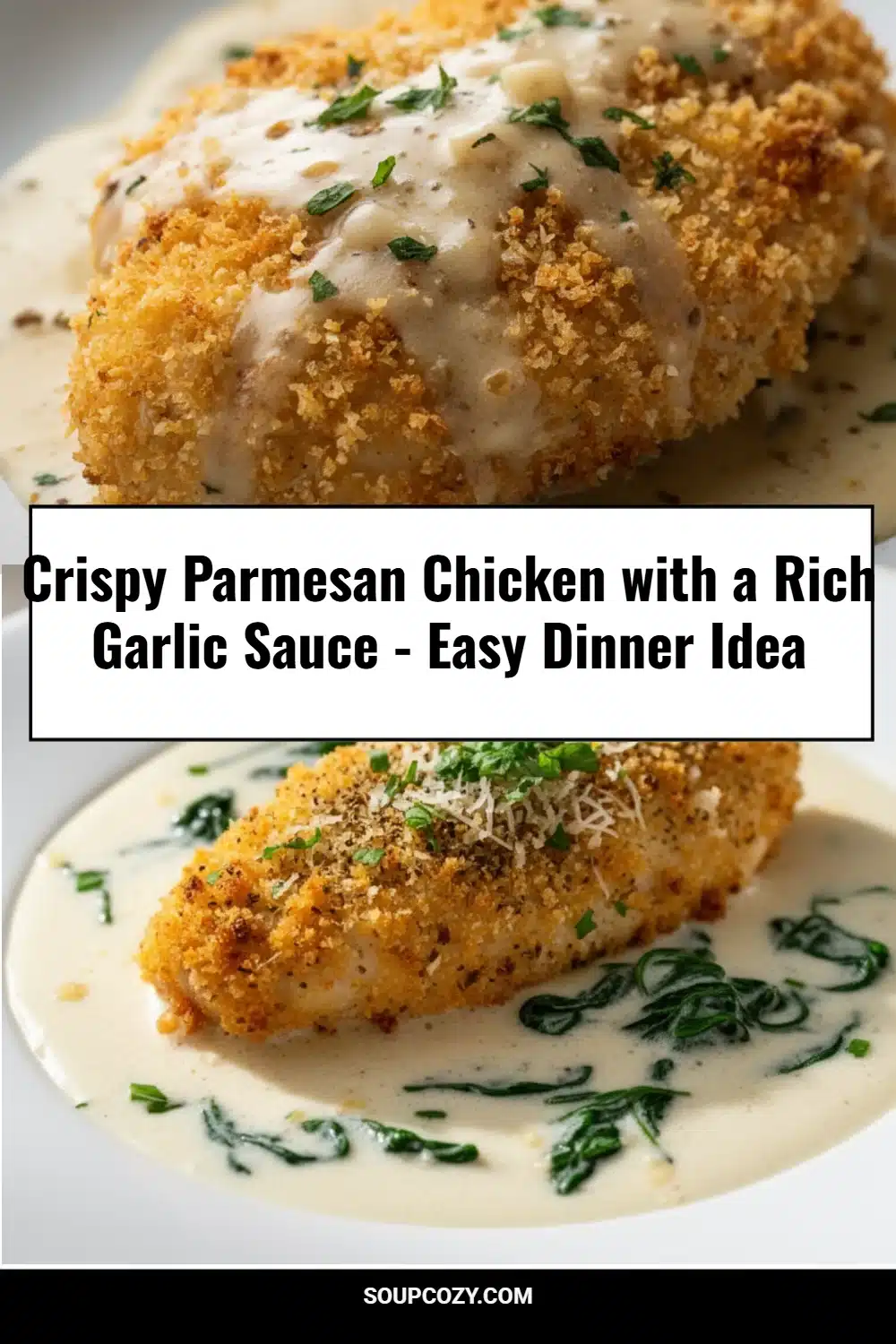 Crispy Parmesan Chicken with a Rich Garlic Sauce - Easy Dinner Idea