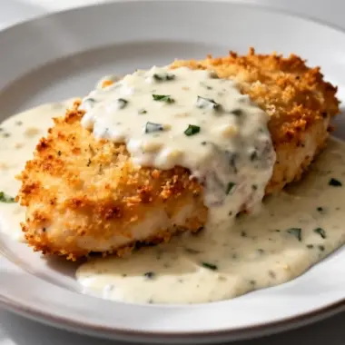 Crispy Parmesan Chicken served with garlic cream sauce on a plate.
