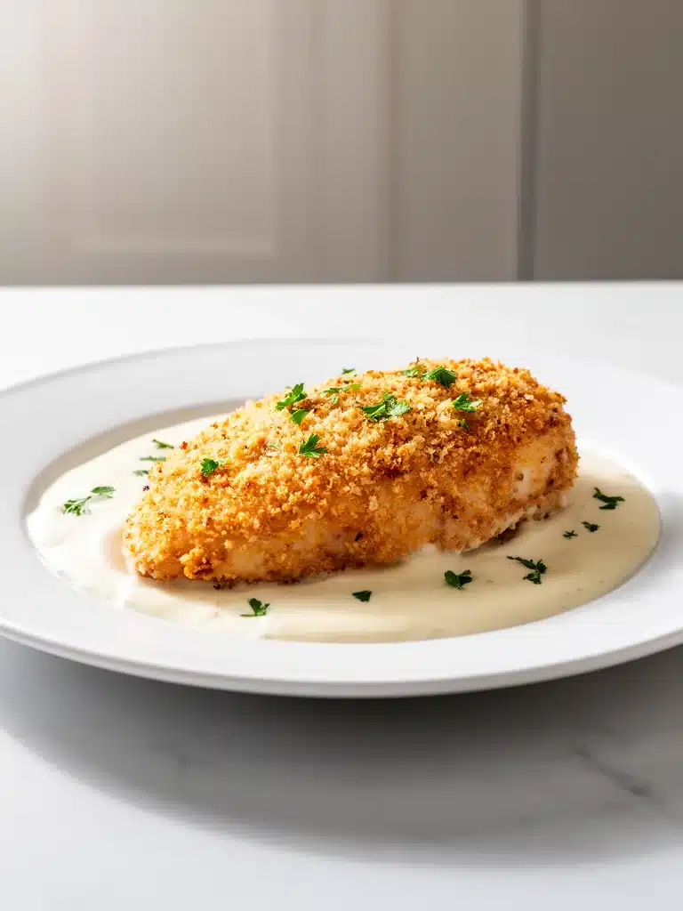 Crispy Parmesan Chicken with Garlic Cream Sauce