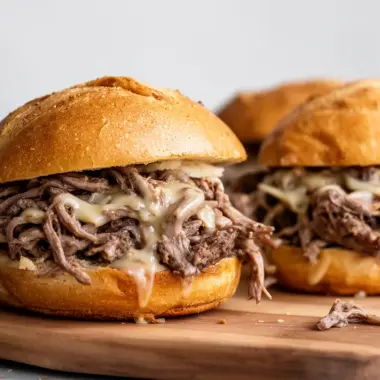 Delicious Crockpot French Dip Sandwiches served with au jus