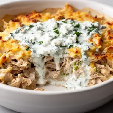 Delicious chicken tzatziki casserole served in a baking dish