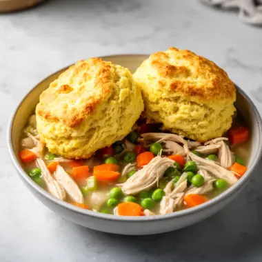 Delicious chicken pot pie topped with biscuits, a perfect comfort food dish.