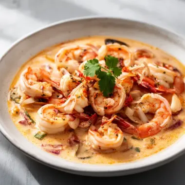 Bowl of easy creamy seafood and shrimp chili garnished with herbs.