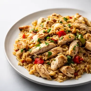 Delicious Mediterranean chicken orzo dish served with fresh herbs and vegetables