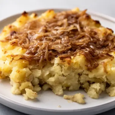 Delicious French Onion Funeral Potatoes in a baking dish, topped with crispy onions.