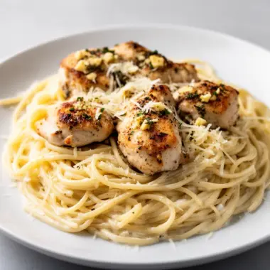 Garlic Butter Chicken bites served with creamy Parmesan pasta in a bowl.