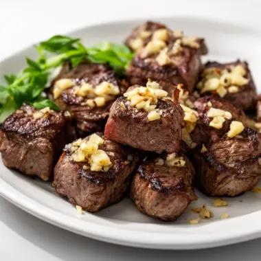 Garlic butter steak bites served on a wooden board with herbs