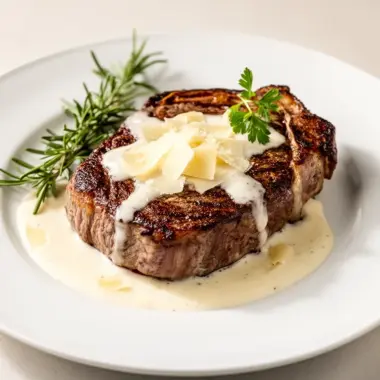 Delicious Garlic Butter Steak with creamy Parmesan sauce on a plate
