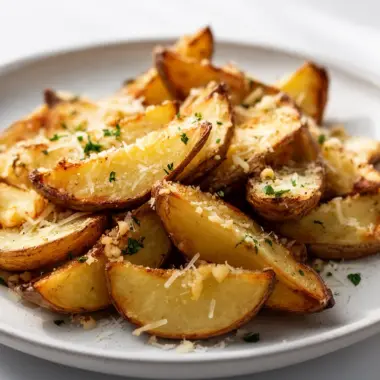 Crispy Garlic Parmesan Potato Wedges on a plate