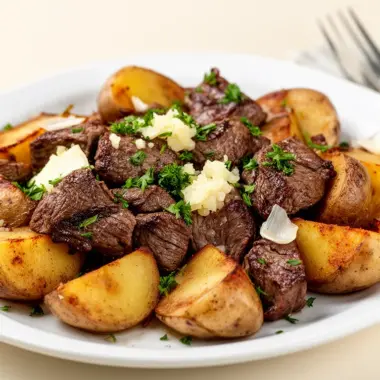 Delicious Garlic Steak Bites served with crispy potatoes, a tempting meal idea.