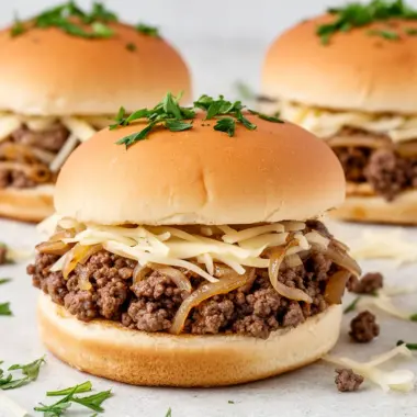 Delicious French onion beef sloppy joes served on a plate