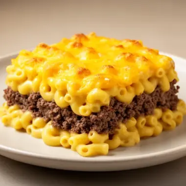 Delicious Mac and Cheese Meatloaf Casserole served in a baking dish