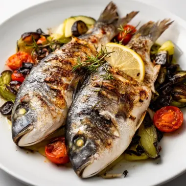 Mediterranean baked fish plated with herbs and lemon slices