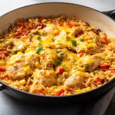 One-Pot Cheesy Southwest Chicken and Rice dish, creamy and flavorful meal