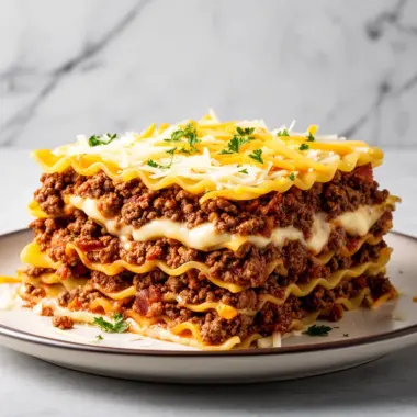 Delicious Parmesan Garlic Bacon Cheeseburger Lasagna served in a baking dish