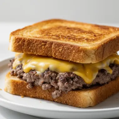 Delicious patty melt with beef, melted cheese, and grilled onions on toasted bread