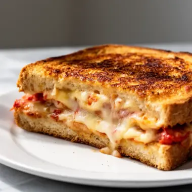 Delicious Pizza Grilled Cheese sandwich with melted cheese and pizza toppings.