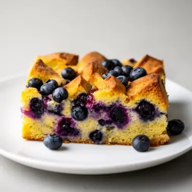 Delicious Quick Blueberry French Toast Casserole served with fresh blueberries