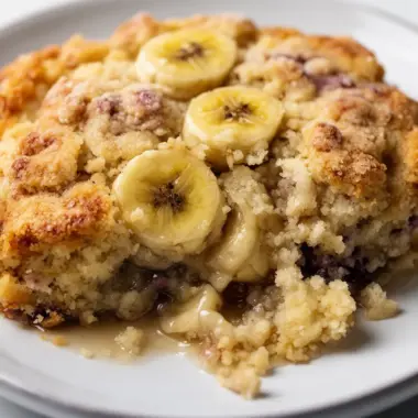 Delicious Southern banana cobbler served warm with ice cream