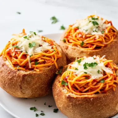 Delicious spaghetti served in a crispy garlic bread bowl
