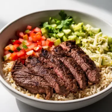 A colorful and appetizing Steak Burrito Bowl with fresh ingredients and toppings