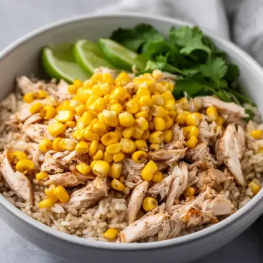 Delicious Street Corn Chicken Rice Bowl garnished with fresh herbs and spices.