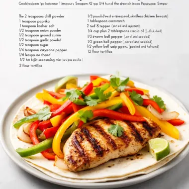 Delicious chicken fajitas served with colorful bell peppers and tortillas