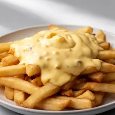Creamy cheese sauce drizzled over crispy fries